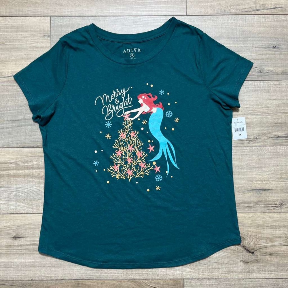 Adiva Womens Merry & Bright Mermaid Graphic Short Sleeve‎ Christmas Shirt 1X